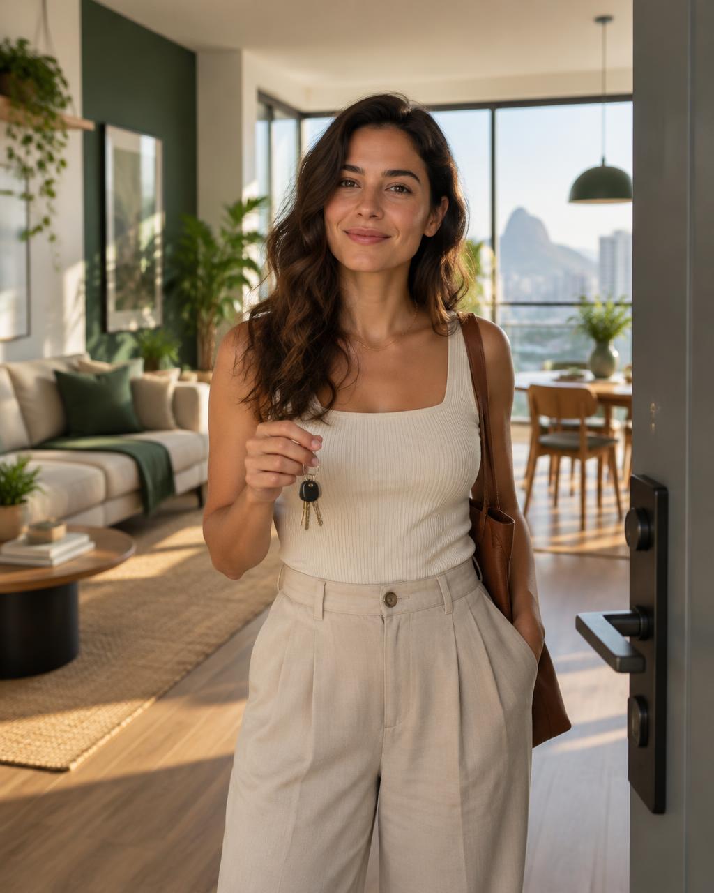 Pessoa entrando em um novo apartamento com as chaves na mão