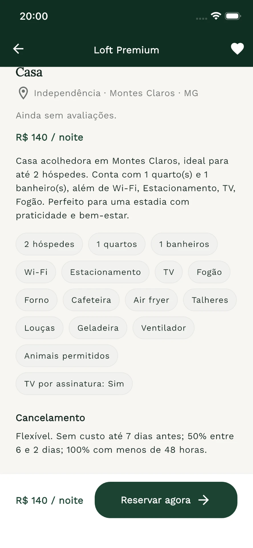 Página de um imóvel no app Ache-Go, com comodidades e valor da diária